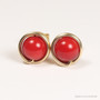 14K yellow gold filled wire wrapped 6mm red bamboo coral gemstone stud earrings handmade by Jessica Luu Jewelry