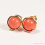 14K yellow gold filled wire wrapped 6mm orange coral gemstone stud earrings handmade by Jessica Luu Jewelry