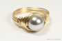 14K yellow gold filled wire wrapped light grey silver pearl solitaire ring handmade by Jessica Luu Jewelry