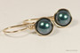 14K yellow gold filled wire wrapped iridescent Tahitian pearl drop earrings handmade by Jessica Luu Jewelry