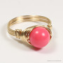 14K gold filled wire wrapped 8mm round pink coral gemstone solitaire ring handmade by Jessica Luu Jewelry