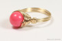 14K gold filled wire wrapped 8mm round pink coral gemstone solitaire ring handmade by Jessica Luu Jewelry
