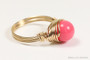14K gold filled wire wrapped 8mm round pink coral gemstone solitaire ring handmade by Jessica Luu Jewelry