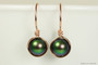 14K rose gold filled wire wrapped scarabaeus green pearl drop earrings handmade by Jessica Luu Jewelry