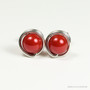 Sterling silver wire wrapped glossy red coral pearl stud earrings handmade by Jessica Luu Jewelry