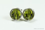 Sterling silver wire wrapped olivine olive green crystal round stud earrings handmade by Jessica Luu Jewelry