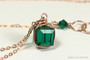 14K rose gold filled wire wrapped emerald green crystal cube pendant on chain necklace handmade by Jessica Luu Jewelry
