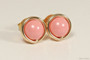 14K yellow gold filled wire wrapped pink coral stud earrings handmade by Jessica Luu Jewelry