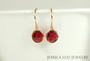 14K yellow gold filled wire wrapped ruby red scarlet crystal drop earrings handmade  by Jessica Luu Jewelry