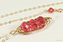 14K yellow gold filled herringbone wire wrapped three stone padparadscha pink crystal pendant on chain necklace handmade by Jessica Luu Jewelry
