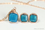 14K rose gold filled wire wrapped Caribbean blue opal cube crystal stud earrings and necklace set handmade by Jessica Luu Jewelry