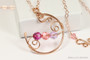 14K rose gold filled wire wrapped peach purple pink crystal crescent pendant on chain necklace handmade by Jessica Luu Jewelry