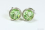 Sterling silver wire wrapped light green peridot crystal round stud earrings handmade by Jessica Luu Jewelry