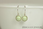 Sterling silver wire wrapped light pastel green pearl drop earrings handmade by Jessica Luu Jewelry