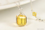 Sterling silver wire wrapped light topaz yellow crystal cube pendant on chain necklace handmade by Jessica Luu Jewelry