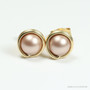 6mm beige pearl stud earrings in 14K yellow gold filled wire wrapped setting handmade by Jessica Luu Jewelry