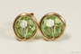 14K yellow gold filled wire wrapped light green peridot crystal round stud earrings handmade by Jessica Luu Jewelry