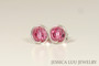 Sterling silver wire wrapped rose pink crystal round stud earrings handmade by Jessica Luu Jewelry