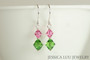 Sterling silver rose pink dark moss green crystal dangle earrings handmade by Jessica Luu Jewelry