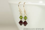 14K yellow gold filled olivine olive green siam dark red garnet crystal dangle earrings handmade by Jessica Luu Jewelry