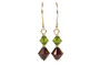 Gold Garnet Red and Olive Green Crystal Dangle Earrings