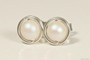 Sterling silver wire wrapped iridescent pearlescent white pearl stud earrings handmade by Jessica Luu Jewelry