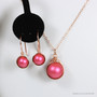 8mm dark pink pearl drop earrings in 14K rose gold filled wire wrapped setting with matching necklace handmade by Jessica Luu Jewelry