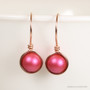 8mm dark pink pearl drop earrings in 14K rose gold filled wire wrapped setting handmade by Jessica Luu Jewelry