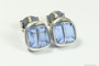 Sterling silver wire wrapped light sapphire blue crystal cube stud earrings handmade by Jessica Luu Jewelry