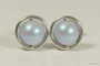 Sterling silver wire wrapped iridescent dreamy light blue pearl stud earrings handmade by Jessica Luu Jewelry