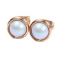 6mm powder light blue pearl stud earrings in 14K rose gold filled wire wrapped setting handmade by Jessica Luu Jewelry
