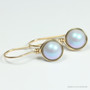 8mm powder blue pearl drop earrings in 14K yellow gold filled wire wrapped setting handmade by Jessica Luu Jewelry