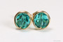 14K yellow gold filled wire wrapped blue zircon crystal stud earrings handmade by Jessica Luu Jewelry