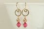 14K yellow gold filled dangle earrings with rose gold pearls and Indian pink crystals handmade by Jessica Luu Jewelry