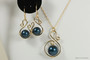 14K yellow gold filled pendant on chain necklace and earrings set with petrol dark blue pearls handmade by Jessica Luu Jewelry