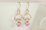 14K yellow gold filled wire wrapped light rose pink crystal dangle earrings handmade by Jessica Luu Jewelry