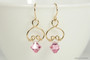 14K yellow gold filled wire wrapped light rose pink crystal dangle earrings handmade by Jessica Luu Jewelry