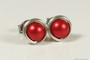 Sterling silver wire wrapped rouge red pearl stud earrings handmade by Jessica Luu Jewelry