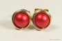 14K yellow gold filled wire wrapped rouge red pearl stud earrings handmade by Jessica Luu Jewelry