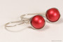 Sterling silver wire wrapped rouge red pearl drop earrings handmade by Jessica Luu Jewelry