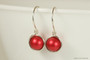 Sterling silver wire wrapped rouge red pearl drop earrings handmade by Jessica Luu Jewelry