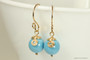 14K yellow gold filled wire wrapped turquoise blue dangle earrings handmade by Jessica Luu Jewelry