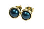 14K gold filled wire wrapped dark blue petrol pearl stud earrings handmade by Jessica Luu Jewelry
