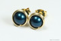 14K gold filled wire wrapped dark blue petrol pearl stud earrings handmade by Jessica Luu Jewelry