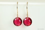 14K gold filled earrings with ruby red scarlet crystals handmade by Jessica Luu Jewelry