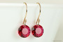 14K gold filled earrings with ruby red scarlet crystals handmade by Jessica Luu Jewelry