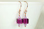 14K rose gold filled dangle earrings with fuchsia lavender crystals handmade by Jessica Luu Jewelry