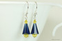 Sterling silver earrings with dark blue and golden yellow crystals handmade by Jessica Luu Jewelry