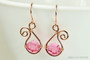 14K rose gold filled dangle earrings with 8mm pink crystals handmade by Jessica Luu Jewelry