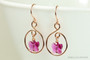 14K rose gold filled teardrop shaped dangle earrings with 8mm pink purple crystal butterflies inside handmade by Jessica Luu Jewelry